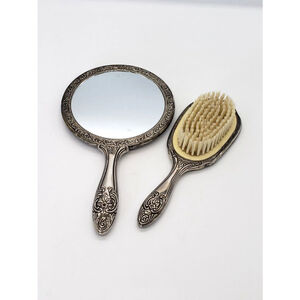 Vintage Silver Tone Mirror & Brush Vanity Set